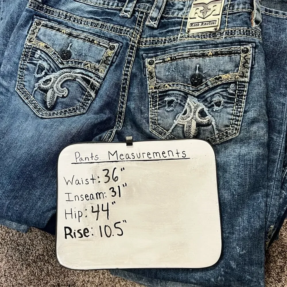Men's Distressed Rock Revival Pruitt Straight Leg Blue Denim Jeans Embroidered